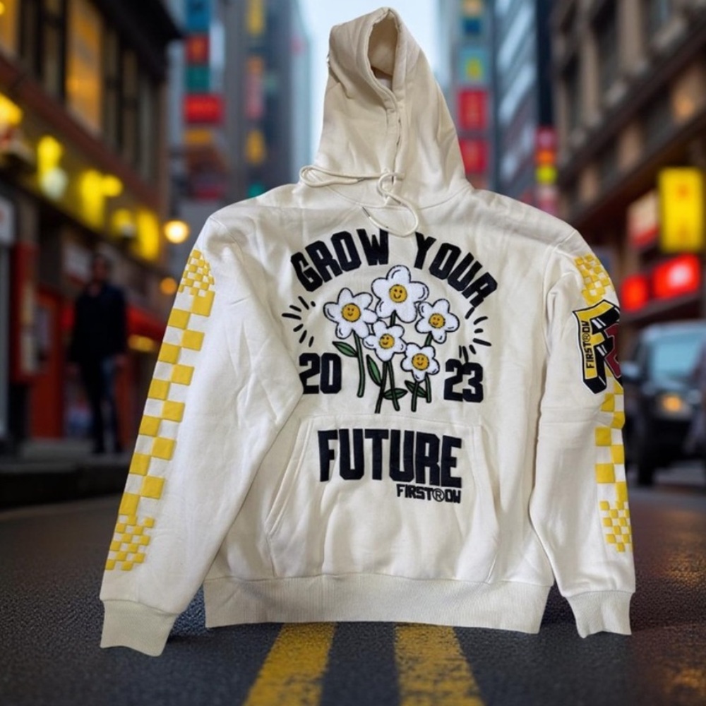 First Row Grow Your Future Hoodie Cream Size L NWT Streetwear Graphic New